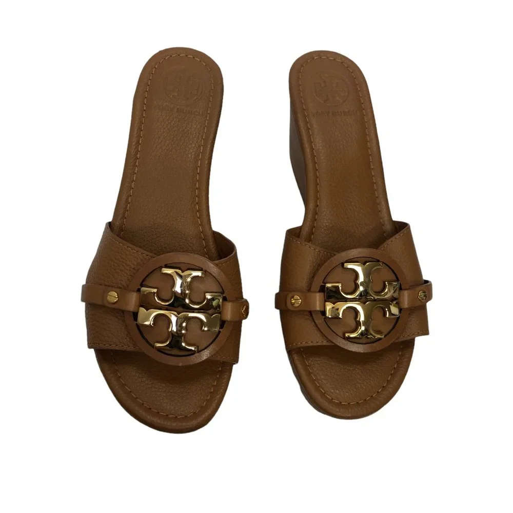 Tory Burch Patti Wedge Sandals Slides Platform Camel Brown Leather Womens 9M 9 - Picture 12 of 12